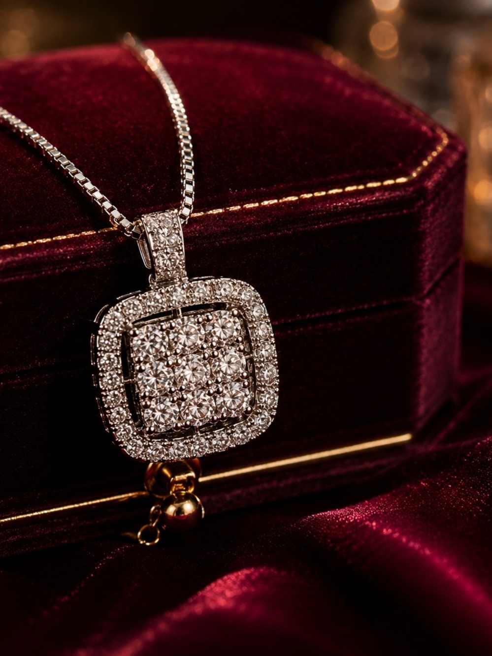 Sparkling Square Halo Pendant Necklace | Silver Tone | Cubic Zirconia Style | St